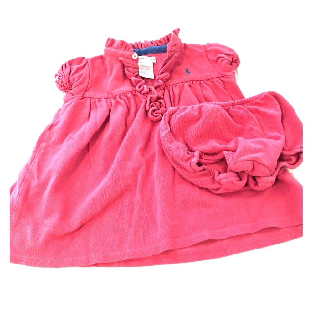 Pink ruffle front dress with matching bloomers